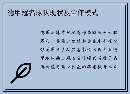 德甲冠名球队现状及合作模式